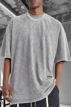 Erkek Açık Gri Oversize Asit Yıkamalı Eskitme Efektli Boyalı T-Shirt