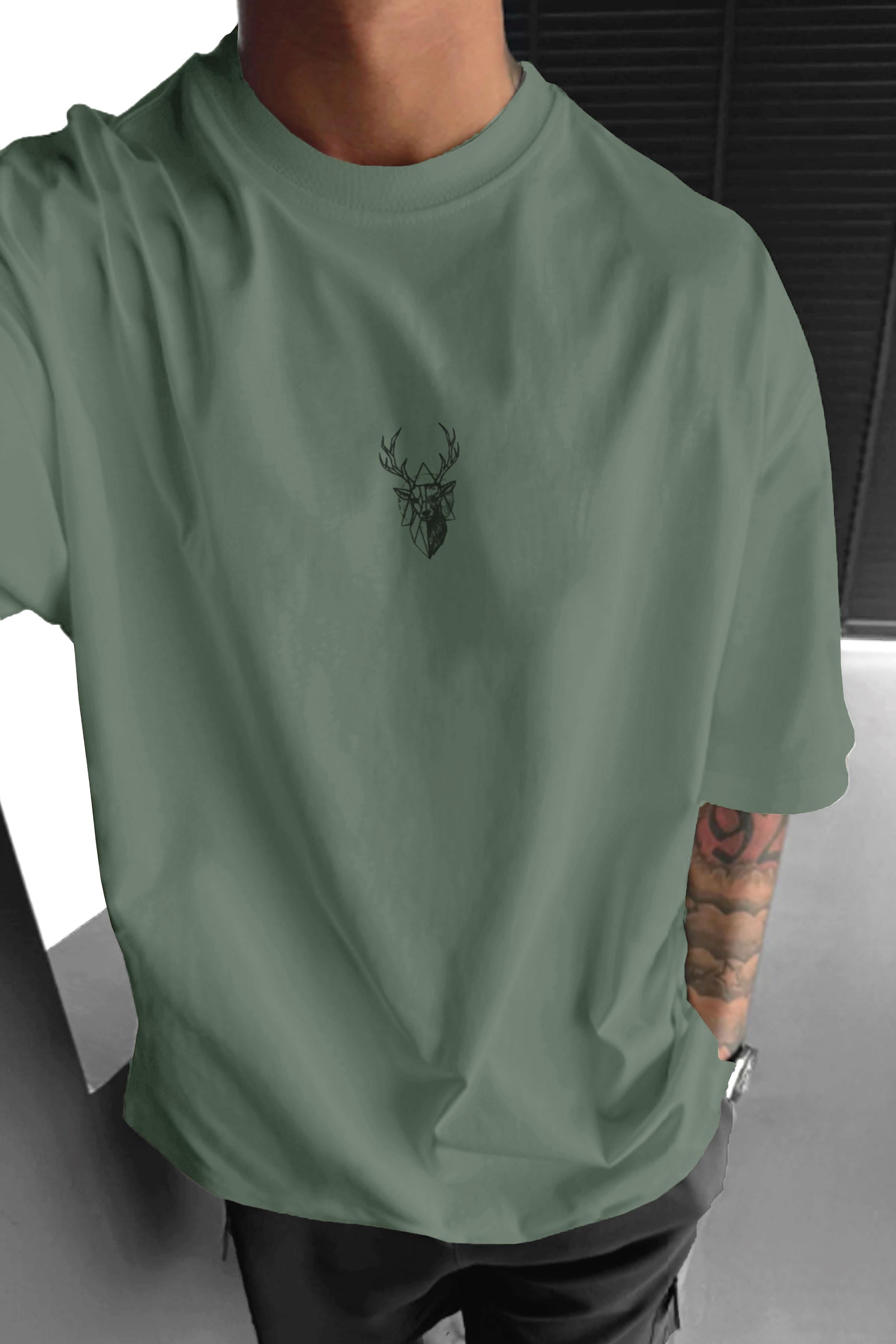 Erkek Açık Yeşil Geyik Baskılı Oversize Fit Bol Geniş Kalıp Salaş Kesim T-shirt