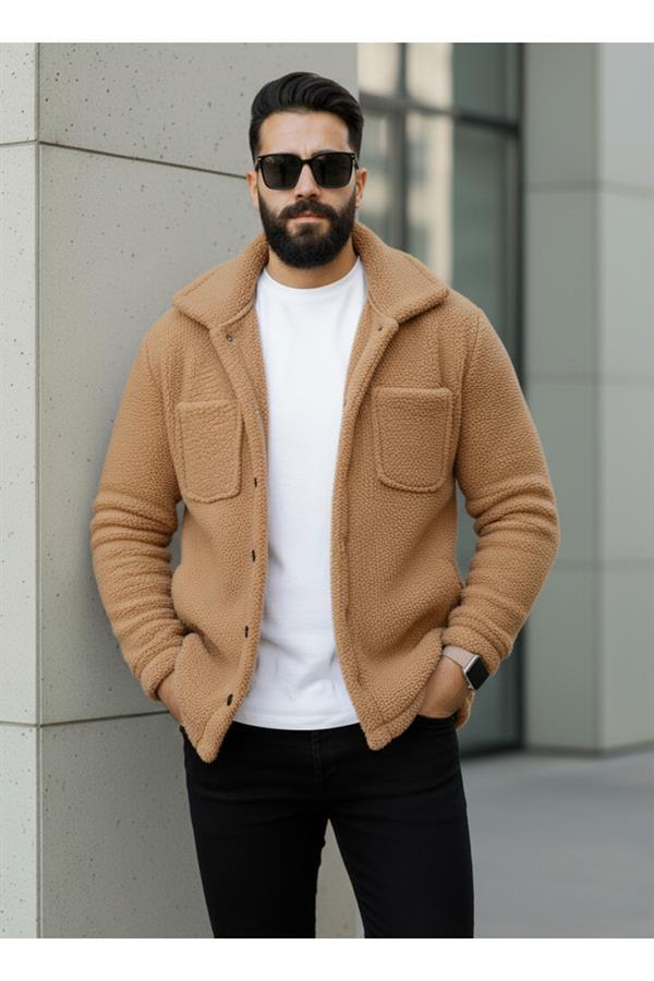 Erkek Camel Kırçıllı Peluş Tüylü Gömlek Yaka Modeli Düğmeli Ceket Hırka Mont Sweatshirt Polar