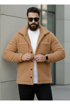 Erkek Camel Kırçıllı Peluş Tüylü Gömlek Yaka Modeli Düğmeli Ceket Hırka Mont Sweatshirt Polar