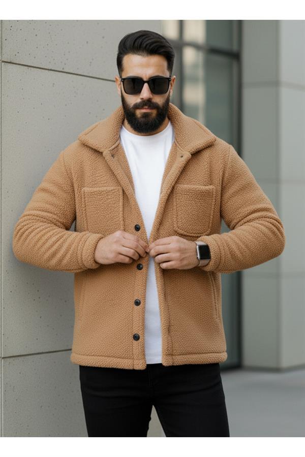 Erkek Camel Kırçıllı Peluş Tüylü Gömlek Yaka Modeli Düğmeli Ceket Hırka Mont Sweatshirt Polar