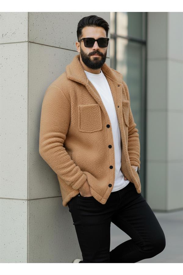 Erkek Camel Kırçıllı Peluş Tüylü Gömlek Yaka Modeli Düğmeli Ceket Hırka Mont Sweatshirt Polar