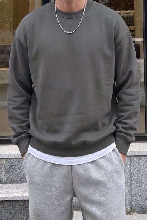 Erkek Antrasit Basic 0 Sıfır Yaka Baskısız Düz Oversize Salaş Bol Kesim Polar Sweatshirt