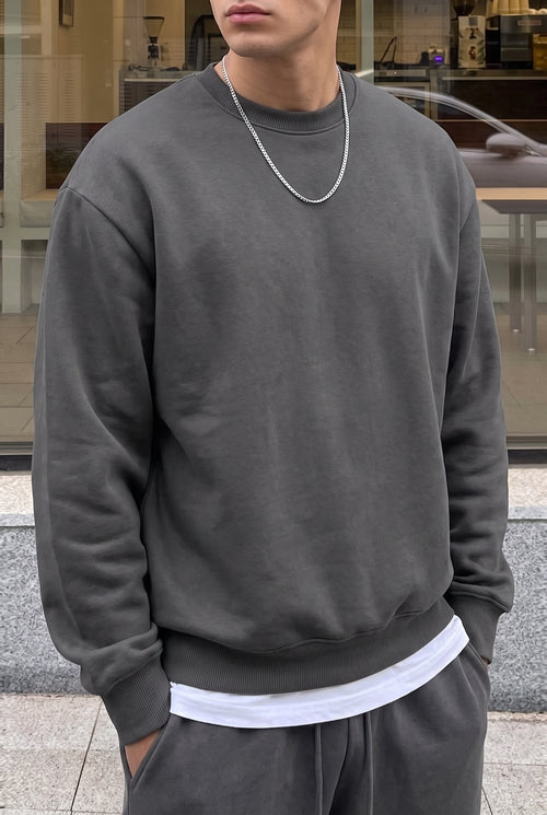 Erkek Antrasit Basic 0 Sıfır Yaka Baskısız Düz Oversize Salaş Bol Kesim Polar Sweatshirt