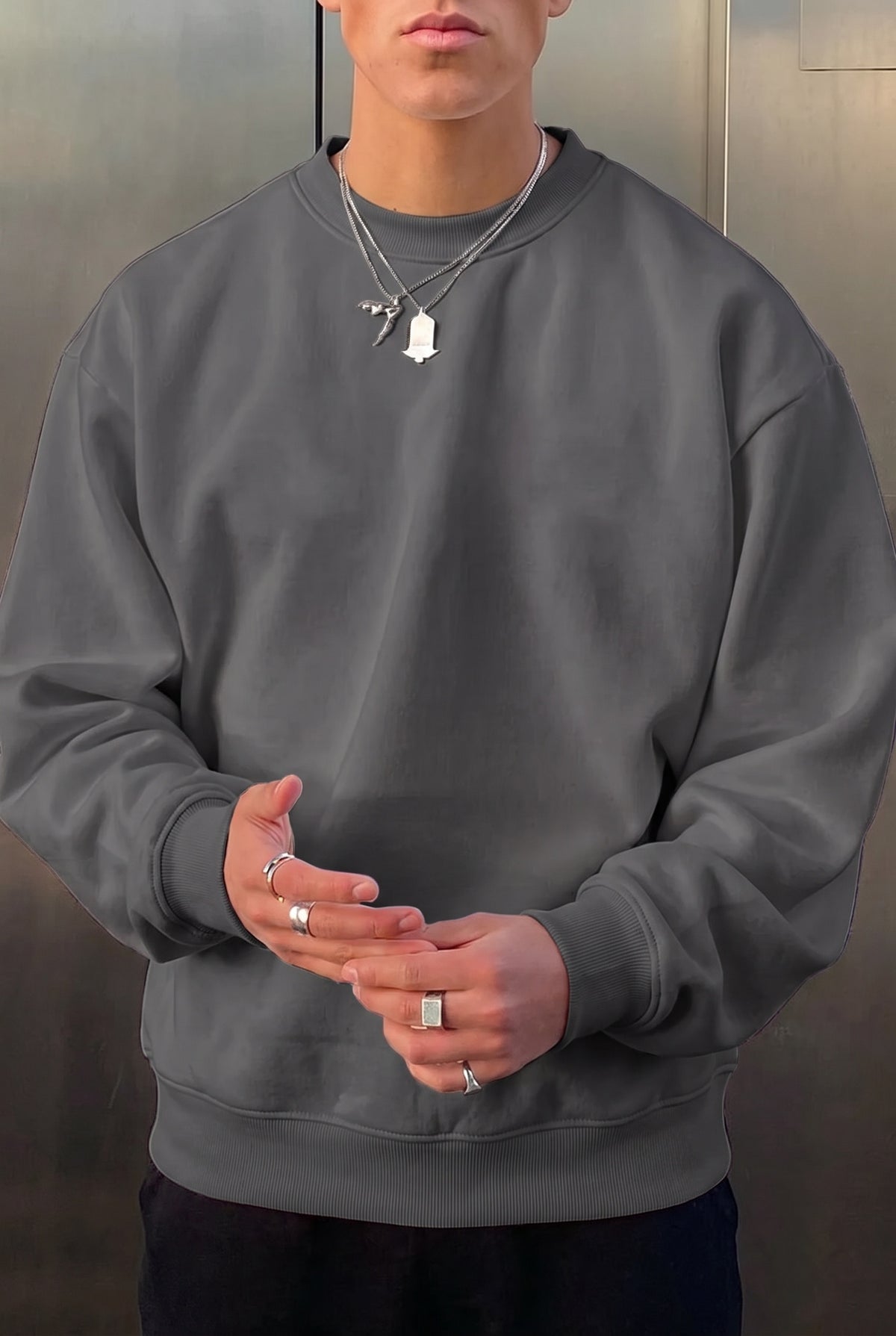 Erkek Antrasit Basic 0 Sıfır Yaka Baskısız Düz Oversize Salaş Bol Kesim Polar Sweatshirt