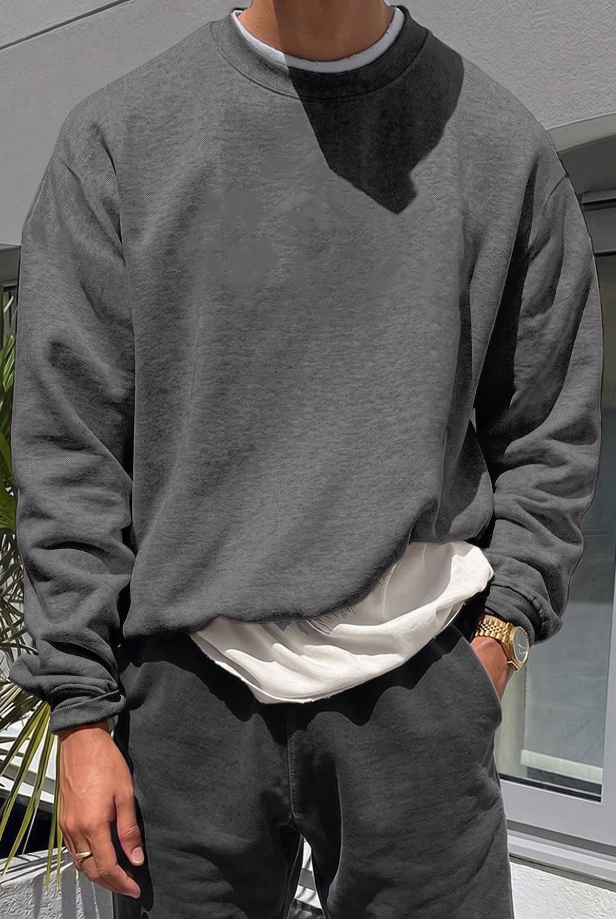 Erkek Antrasit Basic 0 Sıfır Yaka Baskısız Düz Oversize Salaş Bol Kesim Polar Sweatshirt