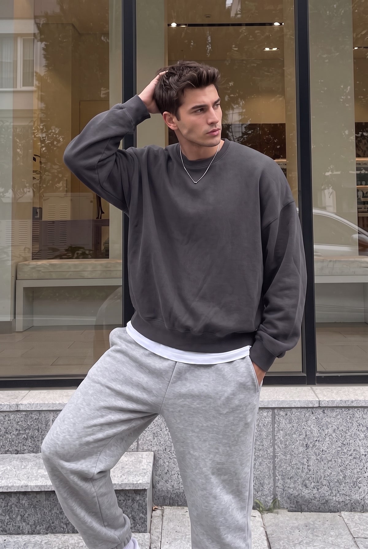 Erkek Antrasit Basic 0 Sıfır Yaka Baskısız Düz Oversize Salaş Bol Kesim Polar Sweatshirt