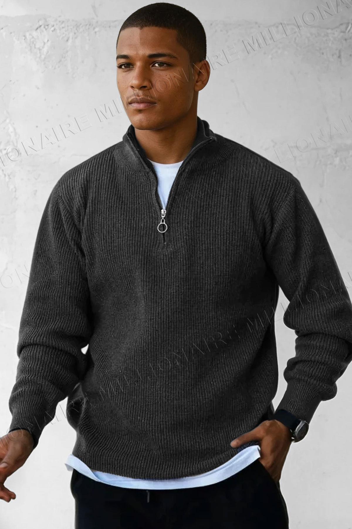 Erkek Antrasit Fermuarlı Balıkçı Yaka Kışlık Triko Kazak