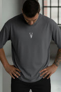 Erkek Antrasit Gri Melanj Geyik Baskılı Oversize Fit Bol Geniş Kalıp Salaş Kesim T-shirt