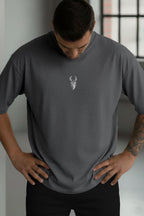 Erkek Antrasit Gri Melanj Geyik Baskılı Oversize Fit Bol Geniş Kalıp Salaş Kesim T-shirt