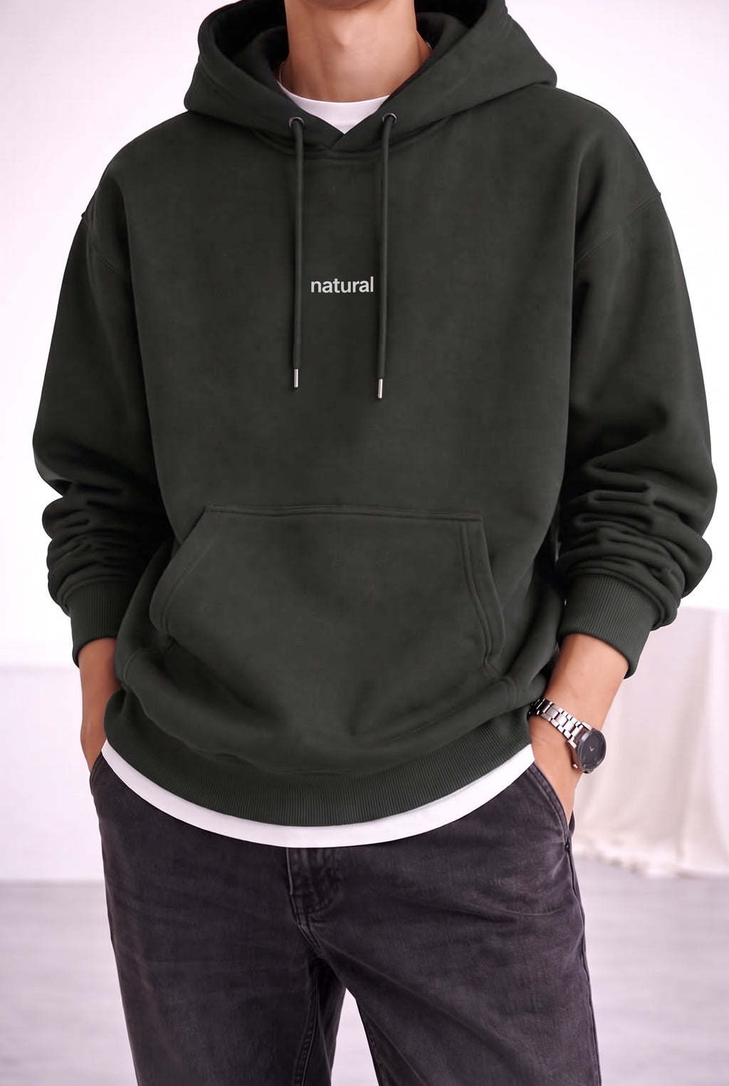 Erkek Antrasit Natural 3 iplik Şardonlu Kapüşonlu Kanguru Cepli Oversize Salaş Hoodie Sweatshirt