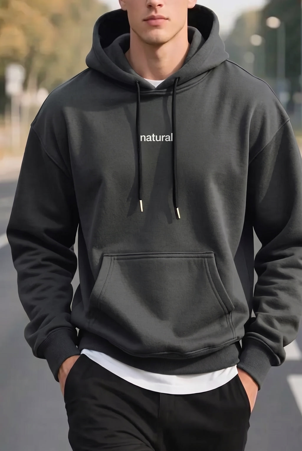 Erkek Antrasit Natural 3 iplik Şardonlu Kapüşonlu Kanguru Cepli Oversize Salaş Hoodie Sweatshirt