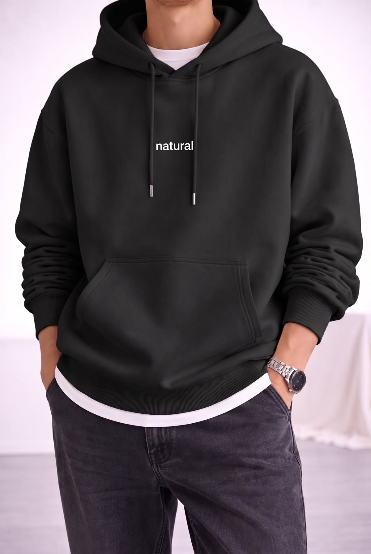 Erkek Antrasit Natural 3 iplik Şardonlu Kapüşonlu Kanguru Cepli Oversize Salaş Hoodie Sweatshirt