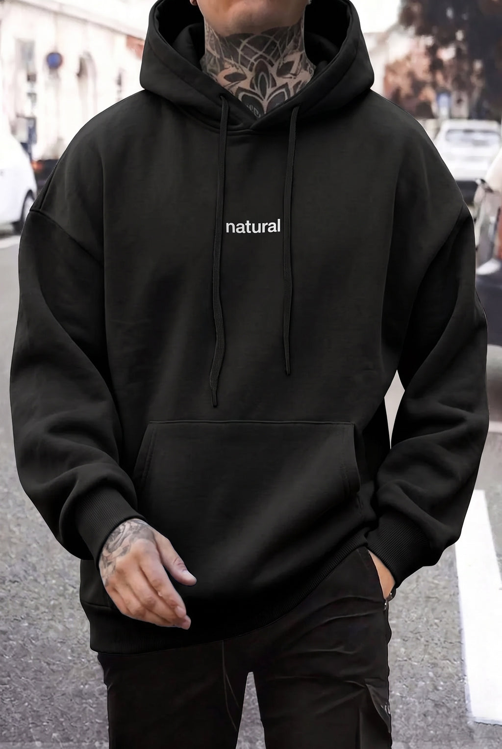 Erkek Antrasit Natural 3 iplik Şardonlu Kapüşonlu Kanguru Cepli Oversize Salaş Hoodie Sweatshirt