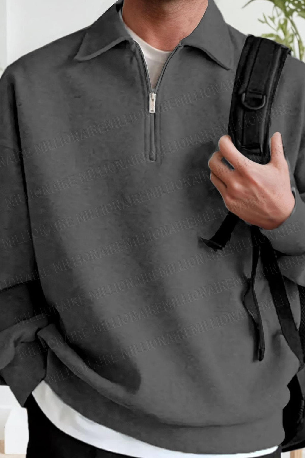 Erkek Antrasit Yarım Fermuar Polo Yaka Oversize Salaş Bol Kesim Polar Sweatshirt