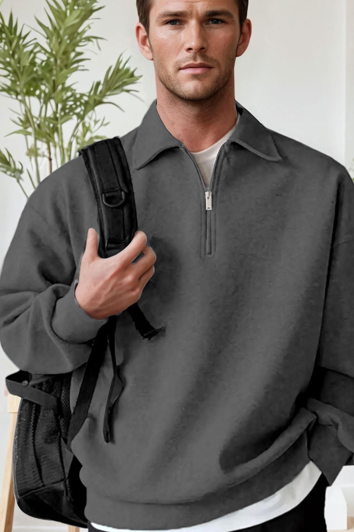 Erkek Antrasit Yarım Fermuar Polo Yaka Oversize Salaş Bol Kesim Polar Sweatshirt