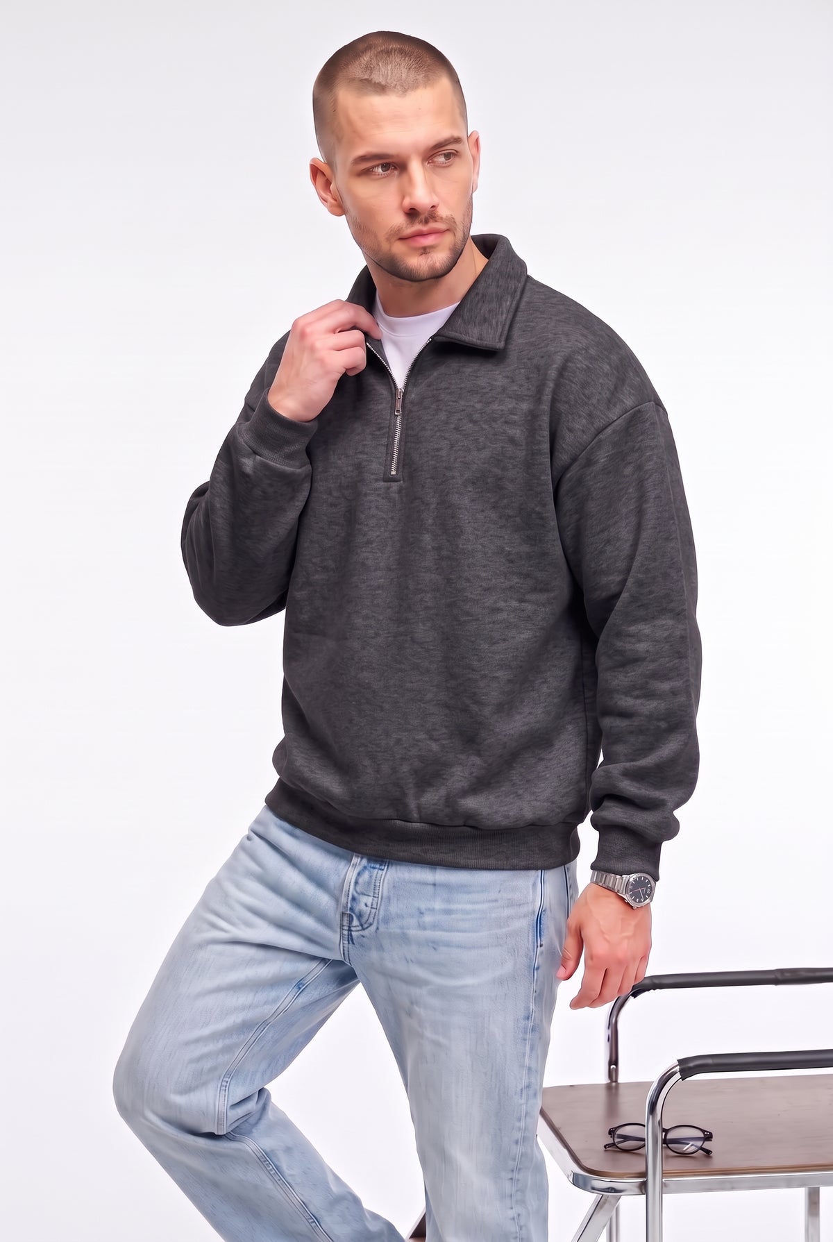 Erkek Antrasit Yarım Fermuar Polo Yaka Oversize Salaş Bol Kesim Polar Sweatshirt