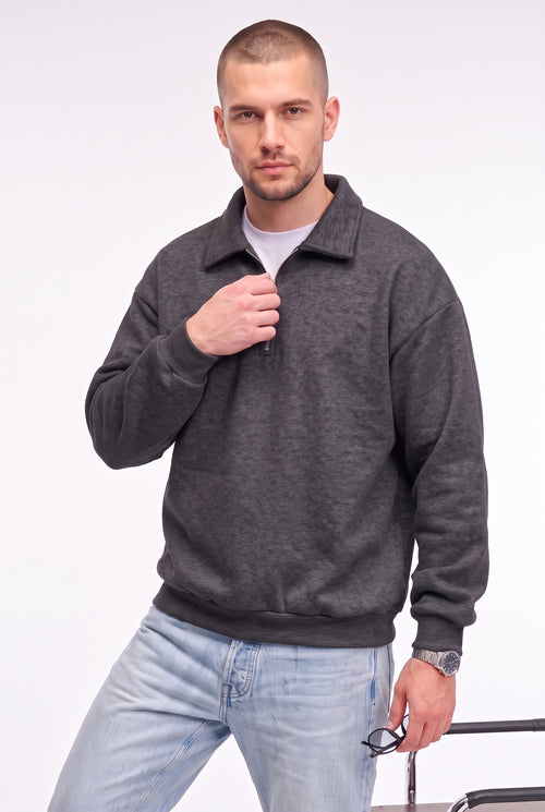 Erkek Antrasit Yarım Fermuar Polo Yaka Oversize Salaş Bol Kesim Polar Sweatshirt