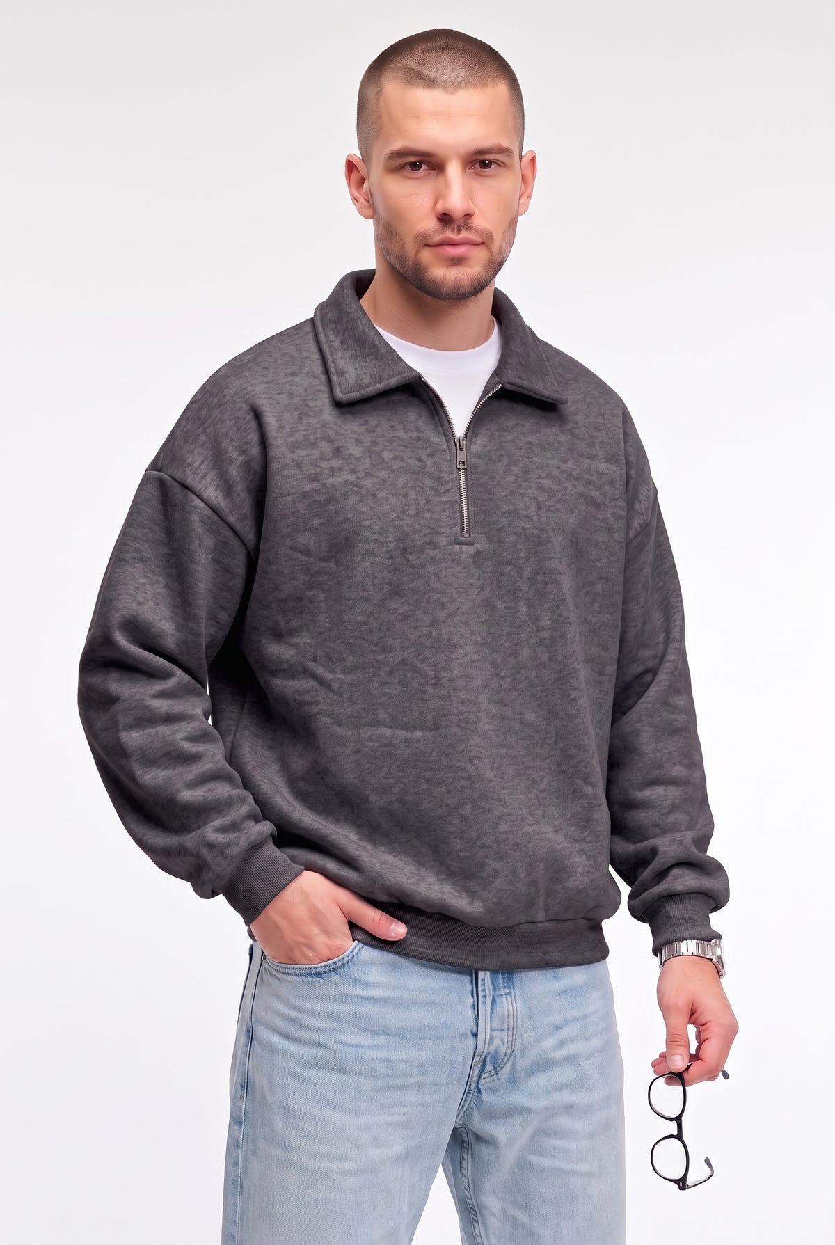Erkek Antrasit Yarım Fermuar Polo Yaka Oversize Salaş Bol Kesim Polar Sweatshirt