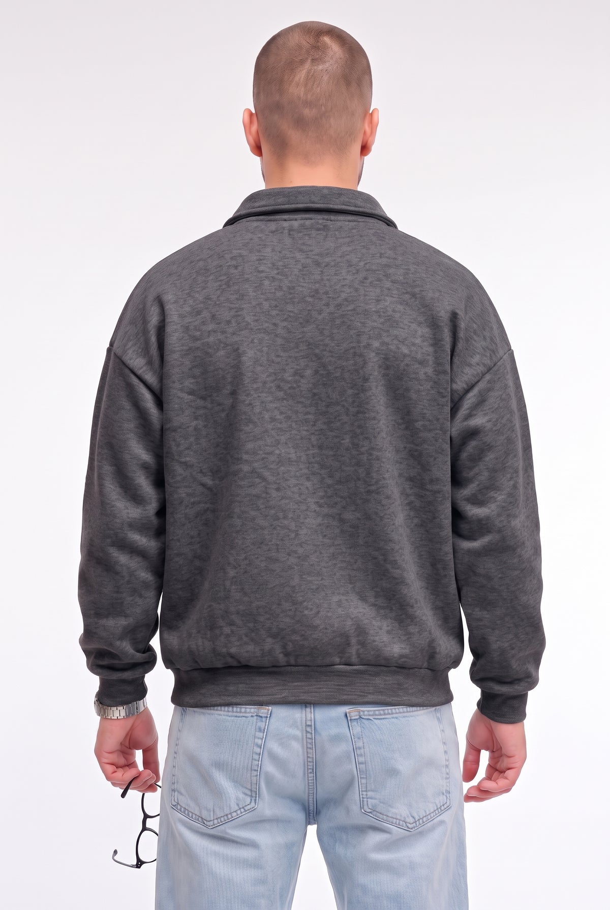 Erkek Antrasit Yarım Fermuar Polo Yaka Oversize Salaş Bol Kesim Polar Sweatshirt