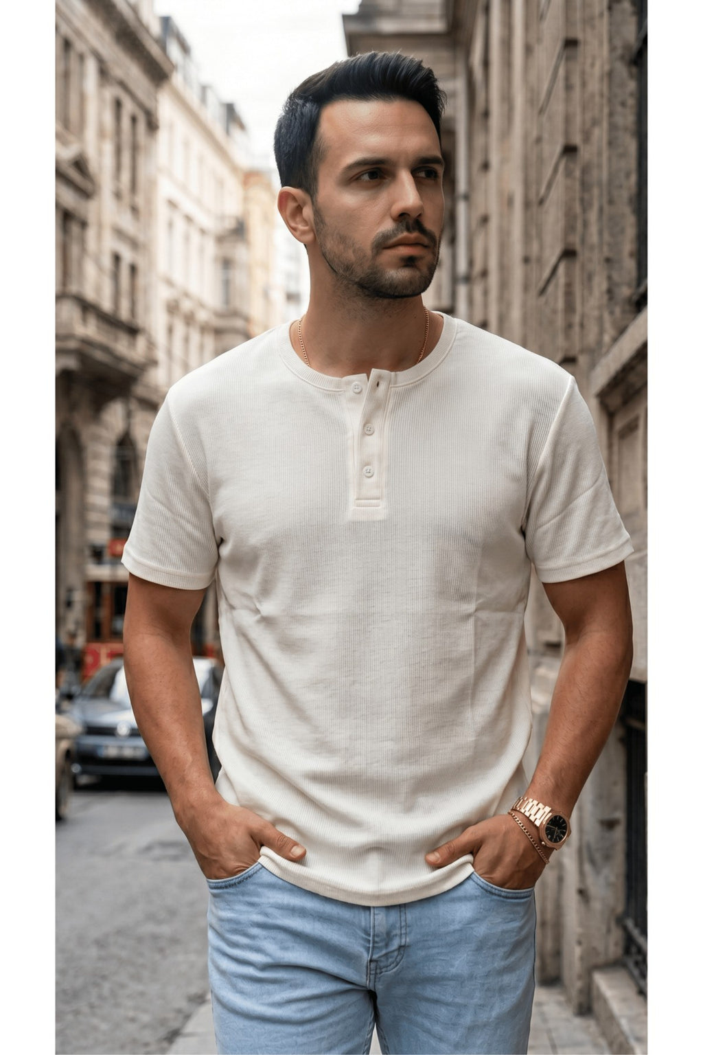 Erkek Beyaz Henley Yaka Tişört Üç Düğmeli Patlı Fitilli Regular T-shirt
