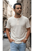 Erkek Beyaz Henley Yaka Tişört Üç Düğmeli Patlı Fitilli Regular T-shirt