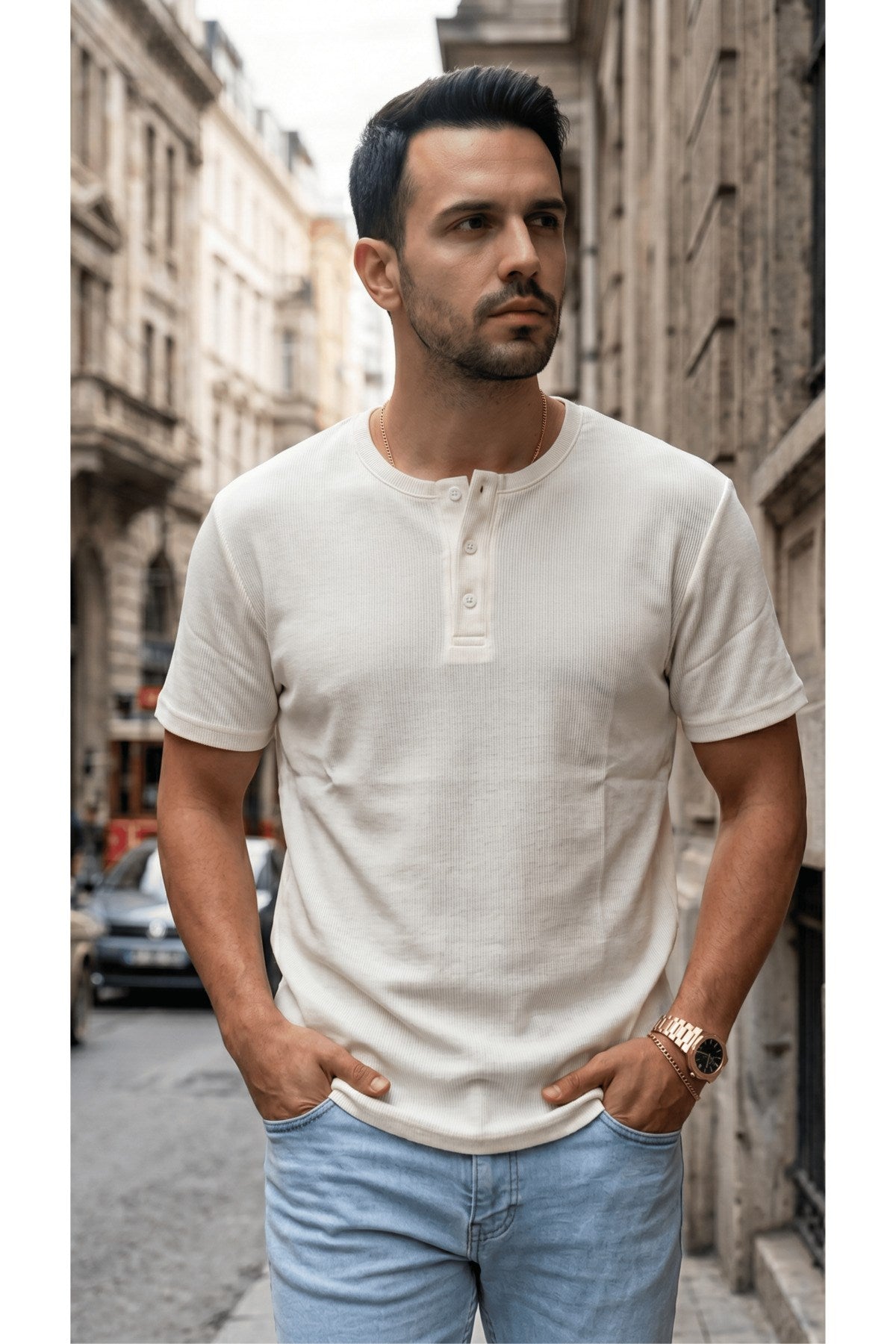 Erkek Beyaz Henley Yaka Tişört Üç Düğmeli Patlı Fitilli Regular T-shirt