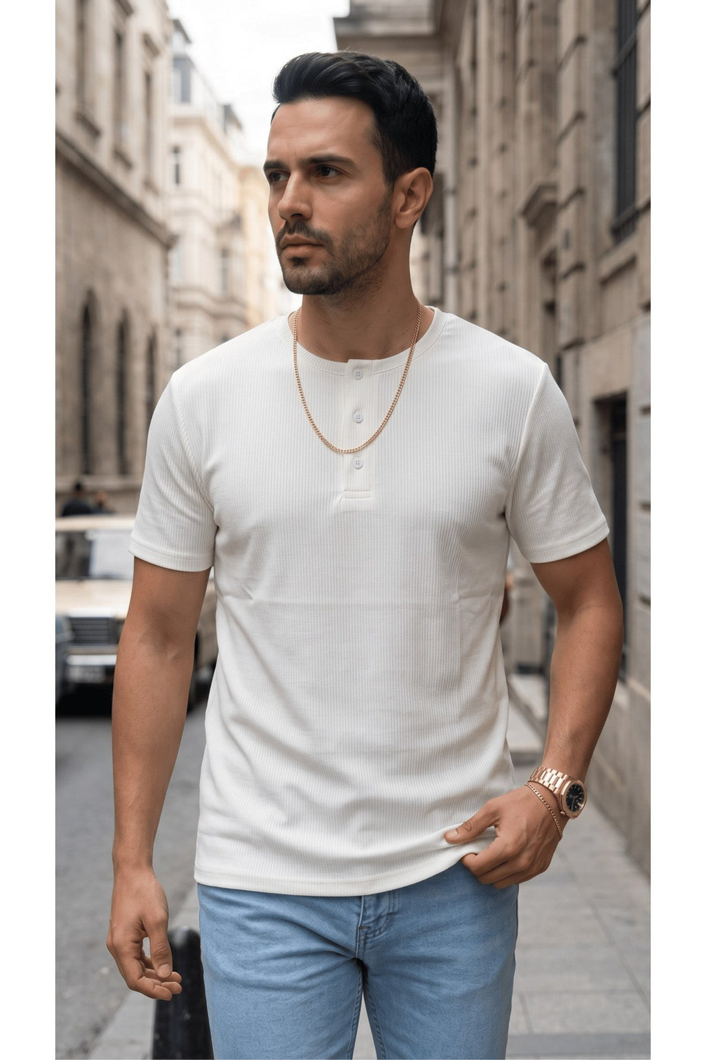 Erkek Beyaz Henley Yaka Tişört Üç Düğmeli Patlı Fitilli Regular T-shirt