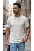 Erkek Beyaz Henley Yaka Tişört Üç Düğmeli Patlı Fitilli Regular T-shirt