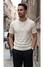 Erkek Beyaz Henley Yaka Tişört Üç Düğmeli Patlı Fitilli Regular T-shirt