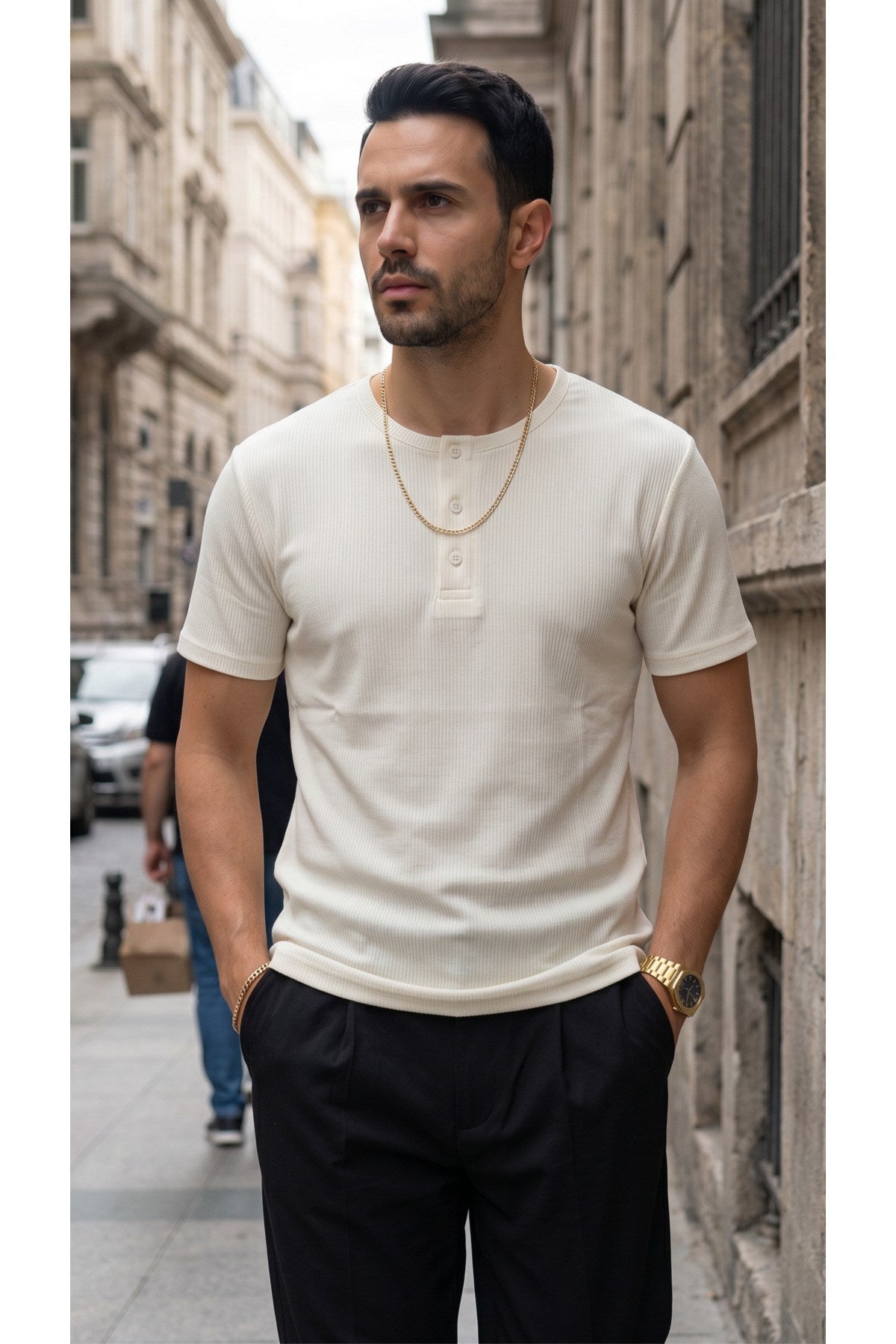 Erkek Beyaz Henley Yaka Tişört Üç Düğmeli Patlı Fitilli Regular T-shirt
