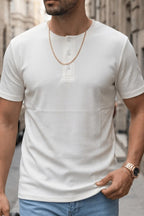 Erkek Beyaz Henley Yaka Tişört Üç Düğmeli Patlı Fitilli Regular T-shirt