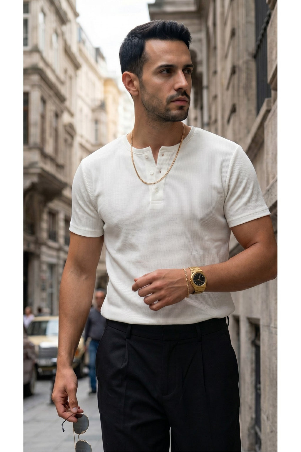 Erkek Beyaz Henley Yaka Tişört Üç Düğmeli Patlı Fitilli Regular T-shirt