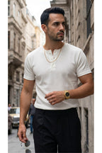 Erkek Beyaz Henley Yaka Tişört Üç Düğmeli Patlı Fitilli Regular T-shirt