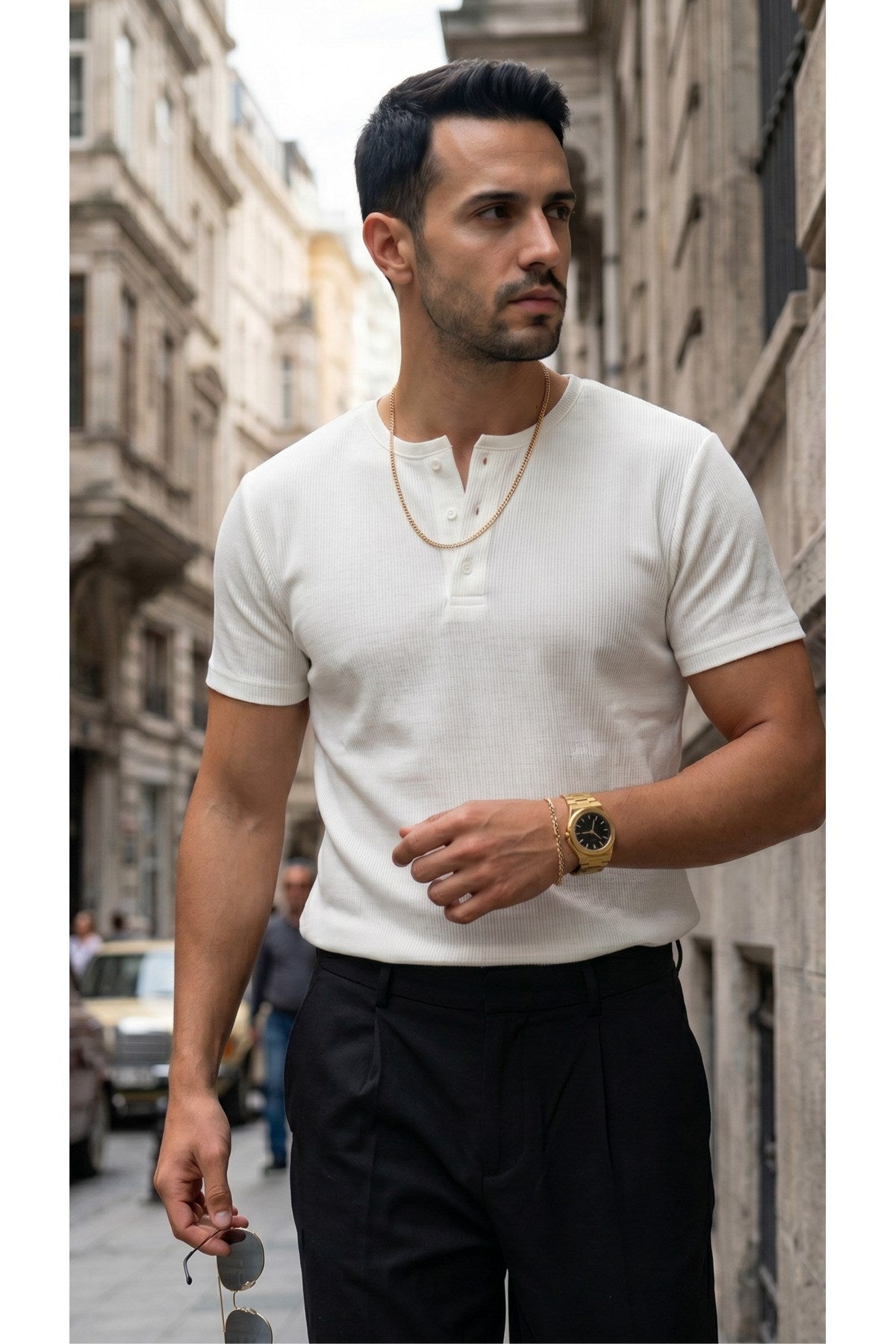 Erkek Beyaz Henley Yaka Tişört Üç Düğmeli Patlı Fitilli Regular T-shirt