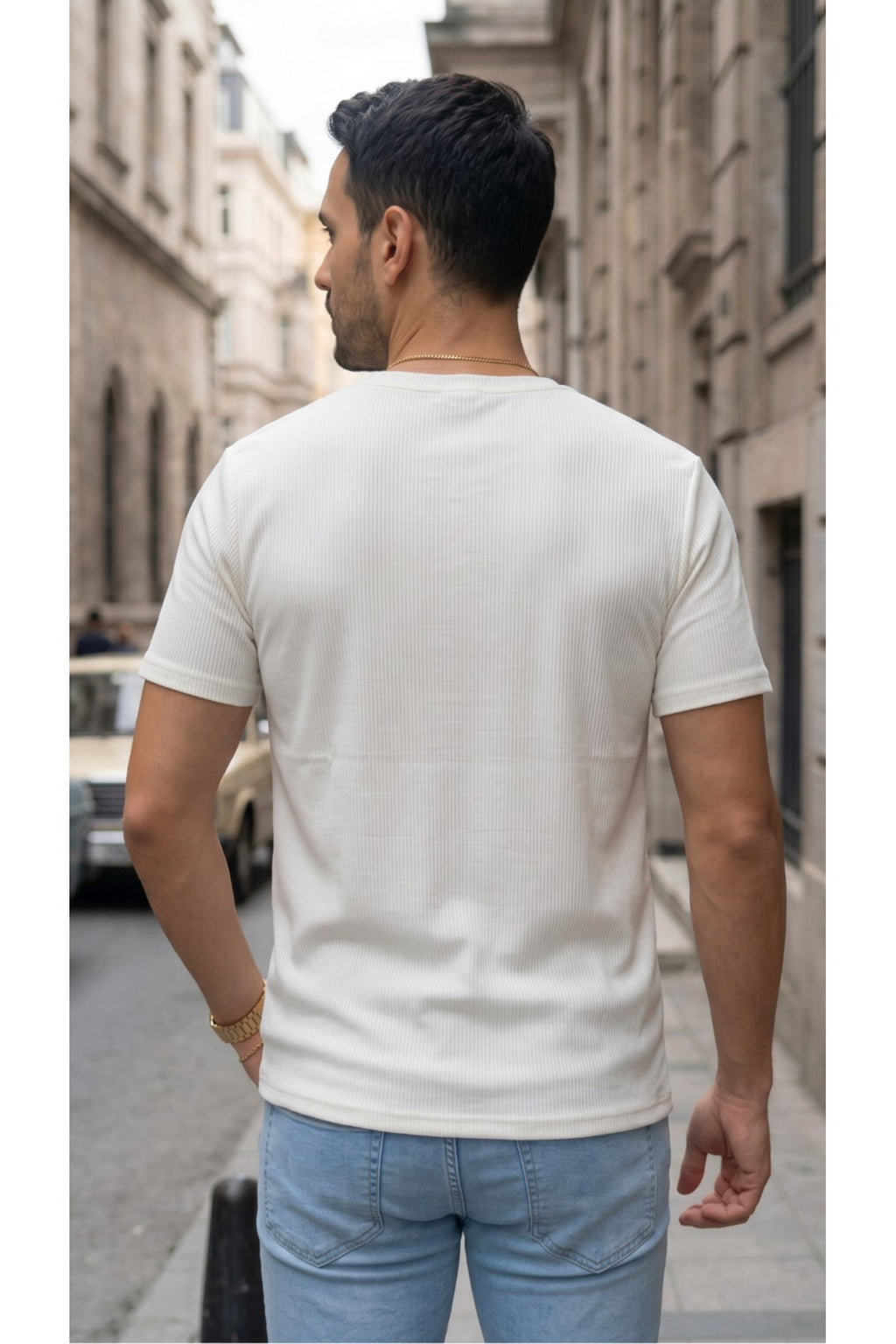 Erkek Beyaz Henley Yaka Tişört Üç Düğmeli Patlı Fitilli Regular T-shirt
