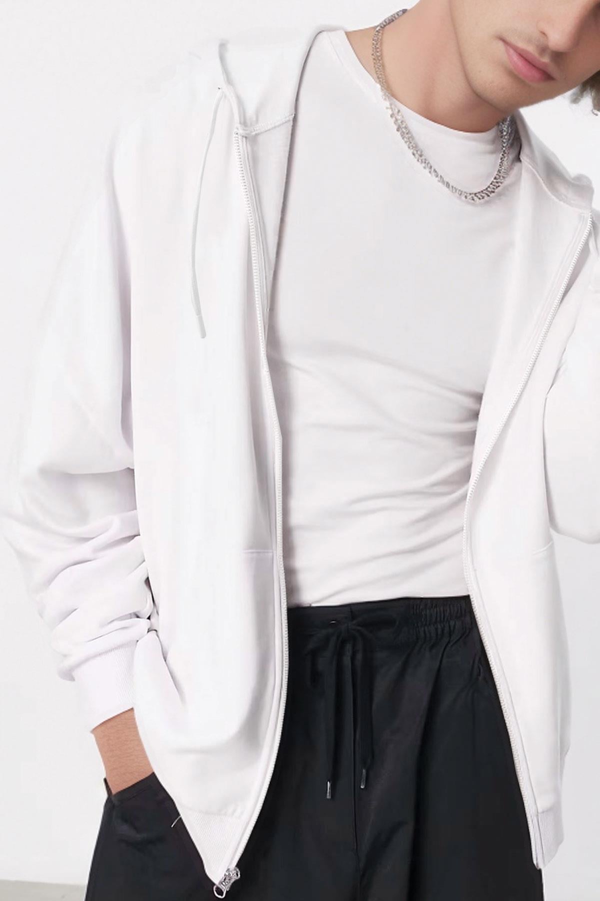 Erkek Beyaz Kapüşonlu Fermuarlı 3 Üç İplik Polar Kanguru Oversize Sweatshirt Zip Up Hoodie