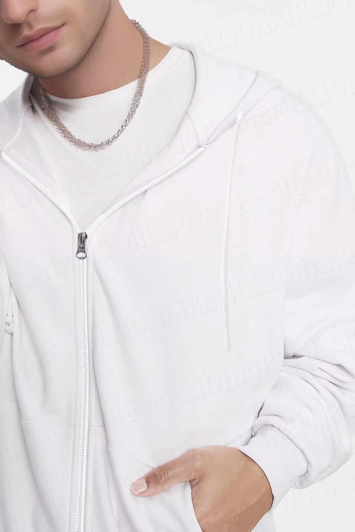 Erkek Beyaz Kapüşonlu Fermuarlı 3 Üç İplik Polar Kanguru Oversize Sweatshirt Zip Up Hoodie