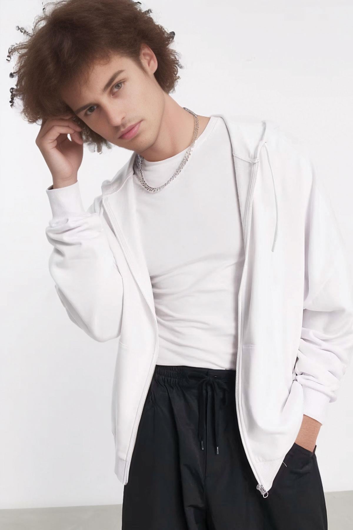 Erkek Beyaz Kapüşonlu Fermuarlı 3 Üç İplik Polar Kanguru Oversize Sweatshirt Zip Up Hoodie