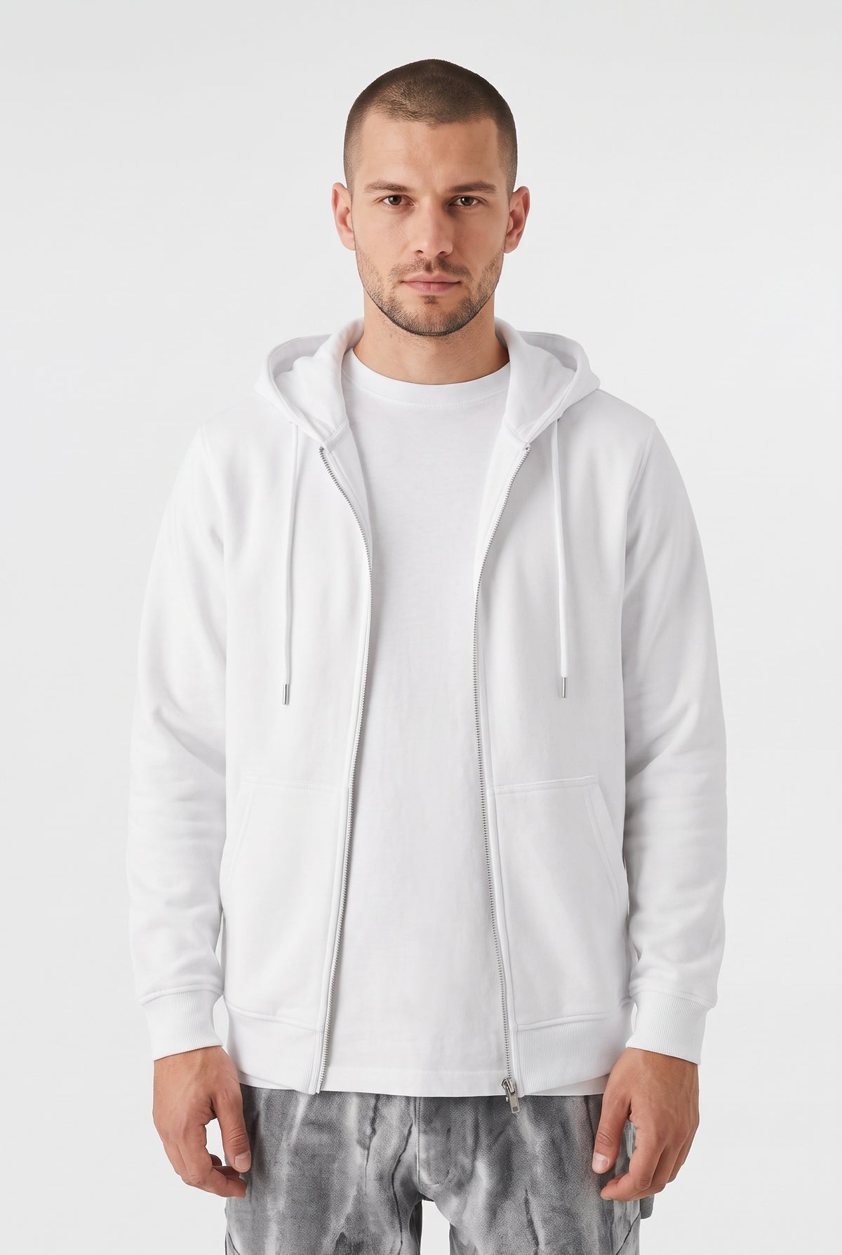 Erkek Beyaz Kapüşonlu Fermuarlı 3 Üç İplik Polar Kanguru Oversize Sweatshirt Zip Up Hoodie