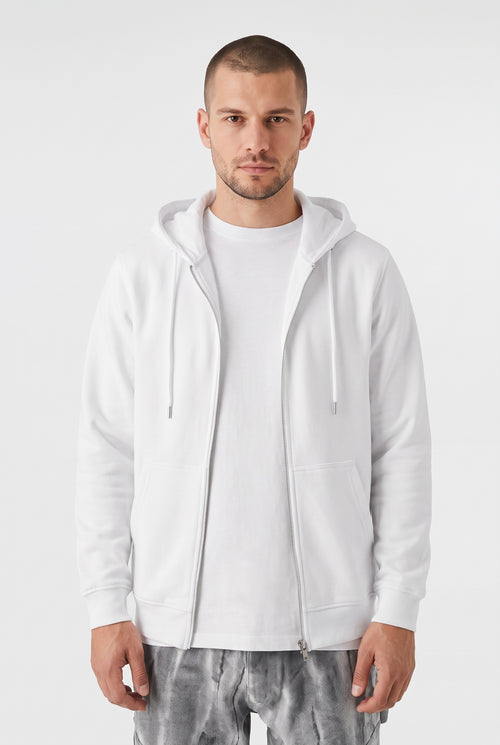 Erkek Beyaz Kapüşonlu Fermuarlı 3 Üç İplik Polar Kanguru Oversize Sweatshirt Zip Up Hoodie