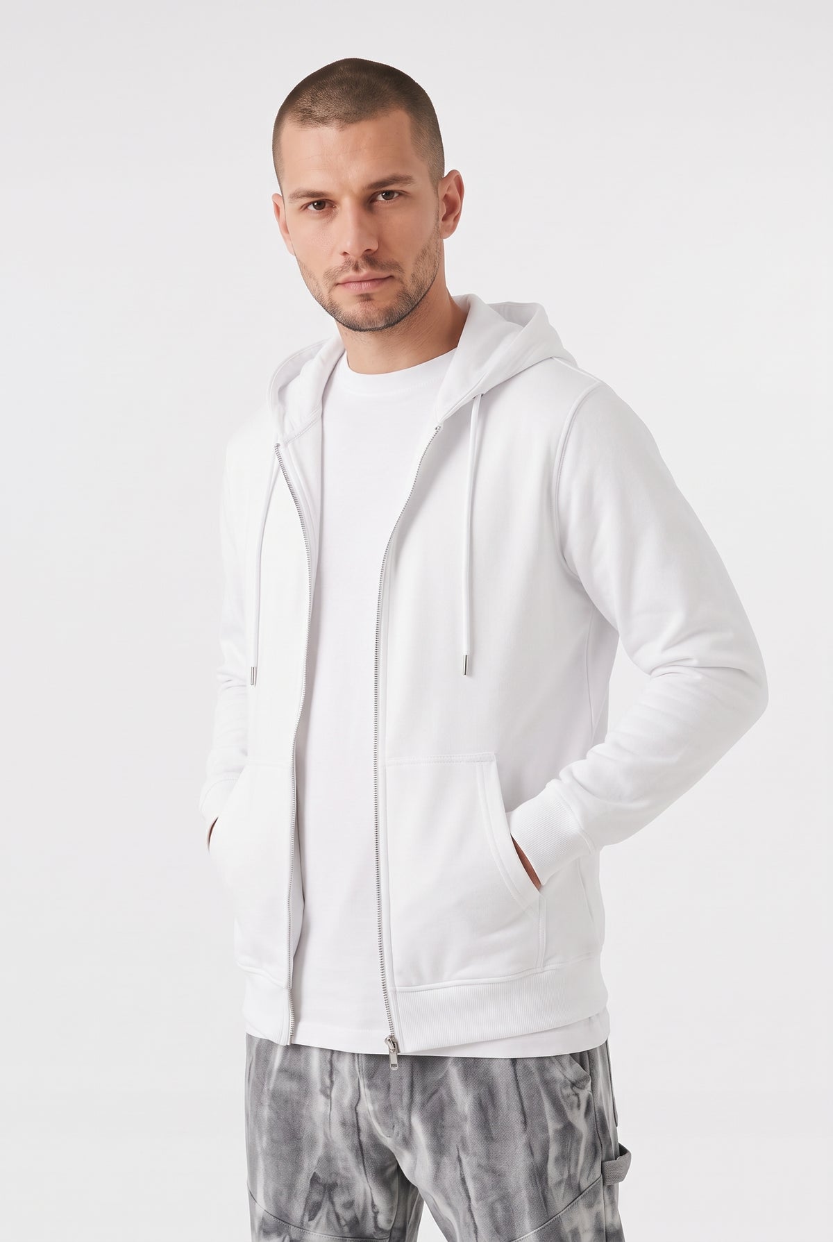 Erkek Beyaz Kapüşonlu Fermuarlı 3 Üç İplik Polar Kanguru Oversize Sweatshirt Zip Up Hoodie
