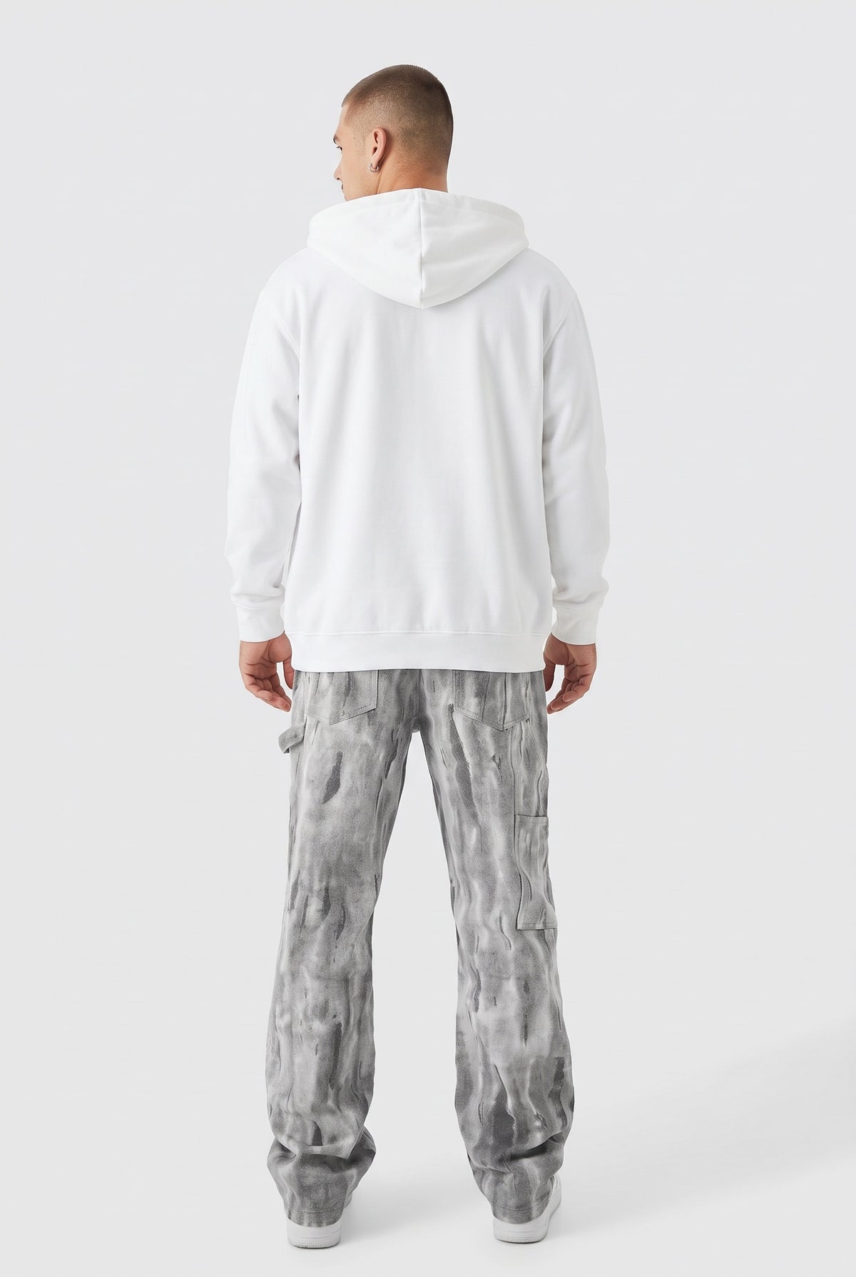 Erkek Beyaz Kapüşonlu Fermuarlı 3 Üç İplik Polar Kanguru Oversize Sweatshirt Zip Up Hoodie