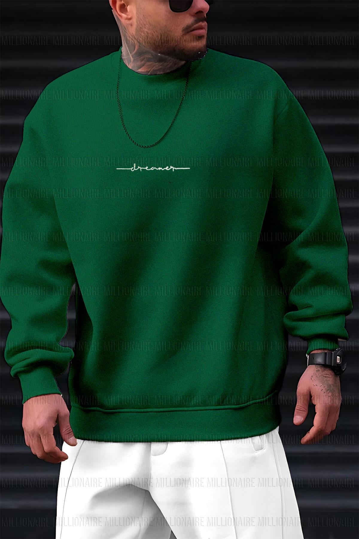 Erkek Bntn Yeşil Dreamer Baskılı 0 Sıfır Yaka Oversize Salaş Bol Kesim Polar Sweatshirt