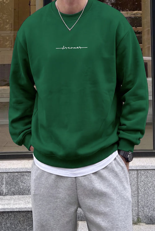 Erkek Bntn Yeşil Dreamer Baskılı 0 Sıfır Yaka Oversize Salaş Bol Kesim Polar Sweatshirt