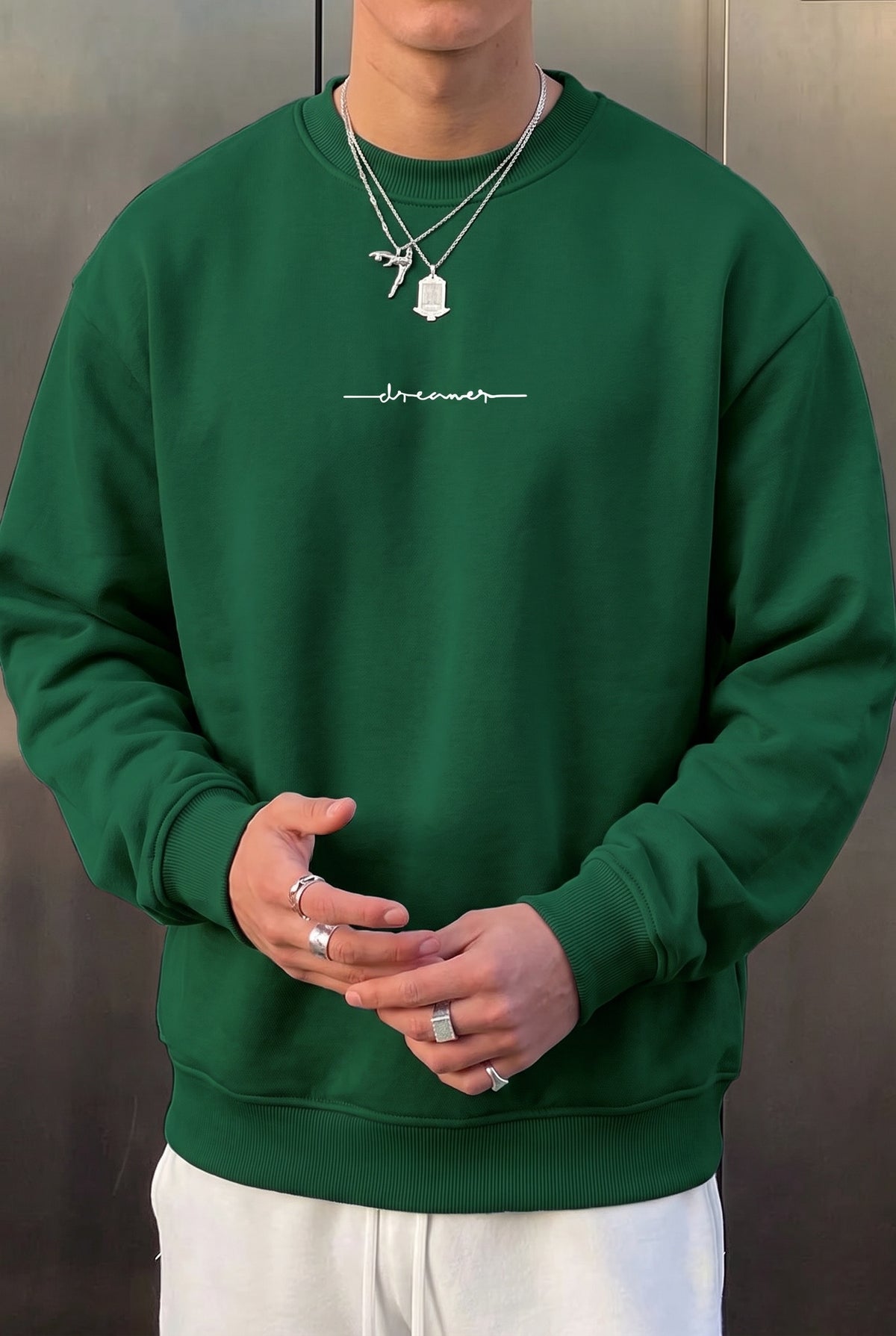 Erkek Bntn Yeşil Dreamer Baskılı 0 Sıfır Yaka Oversize Salaş Bol Kesim Polar Sweatshirt