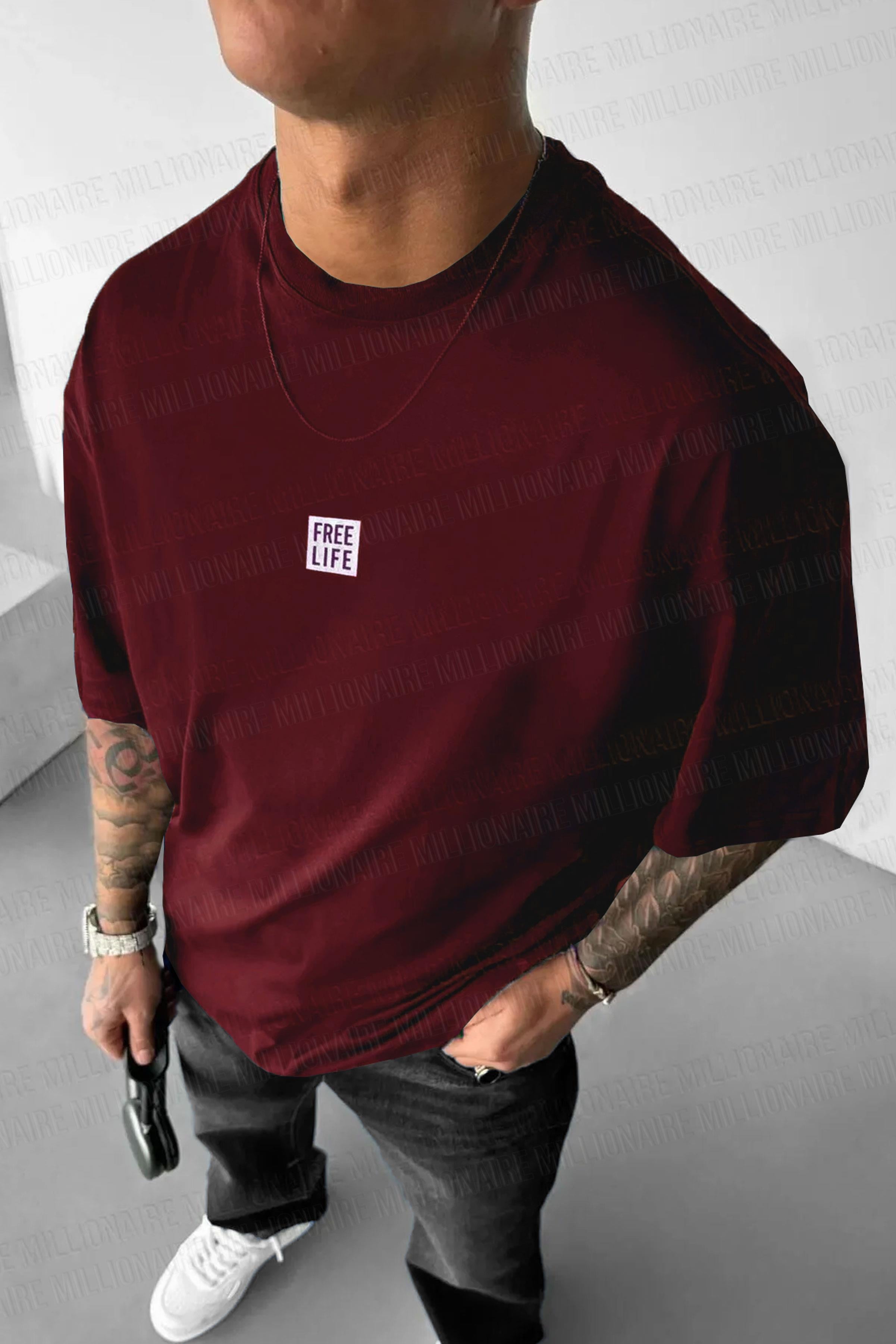 Erkek Bordo Free Life Bisiklet Yaka Oversize Salas T-Shirt