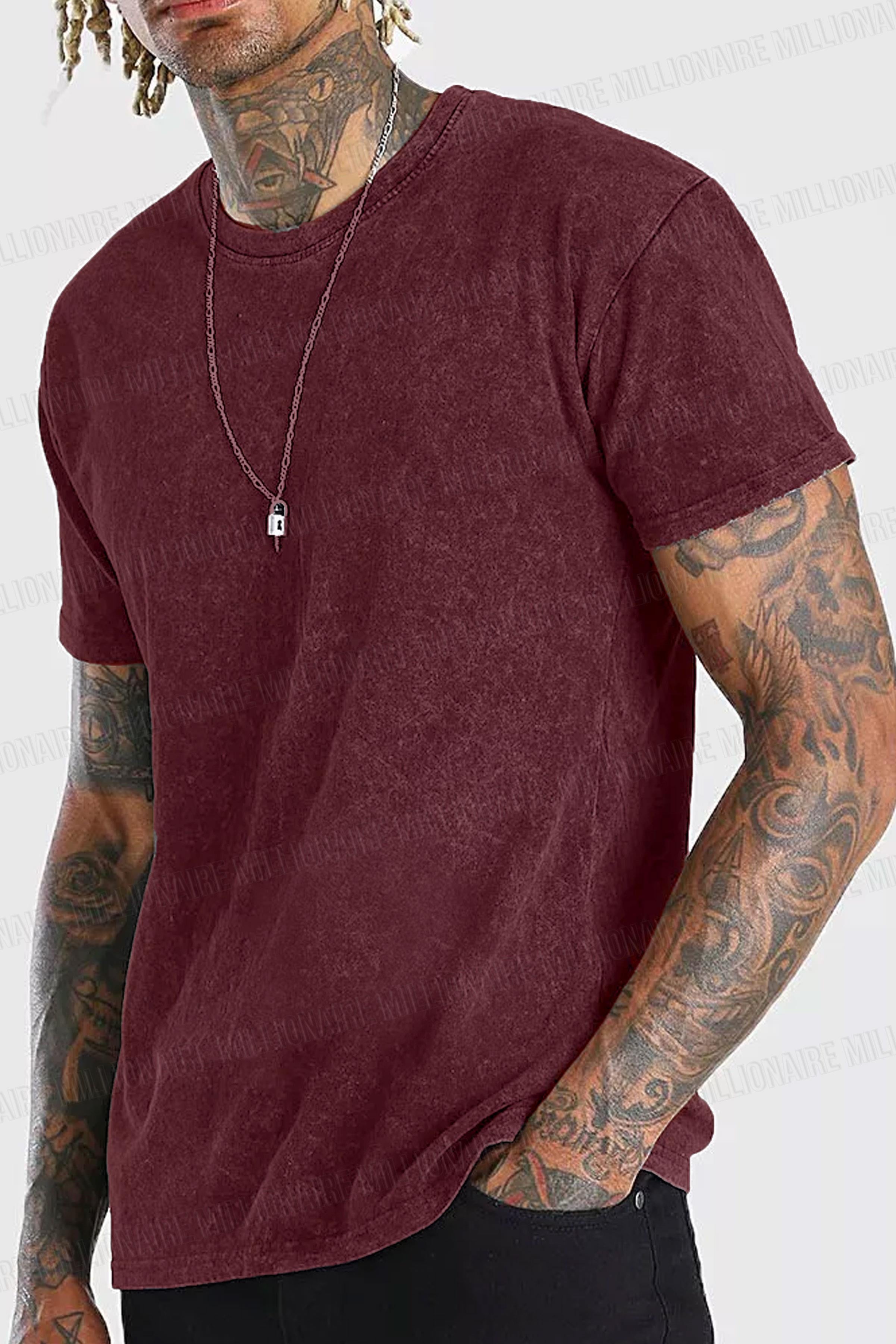 Erkek Bordo Regular Asit Yıkamalı Eskitme Efektli Boyalı T-Shirt
