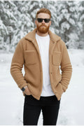 Erkek Camel Bej Sütlü Kahve Peluş Tüylü Gömlek Yaka Modeli Düğmeli Ceket Hırka Mont Sweatshirt Polar