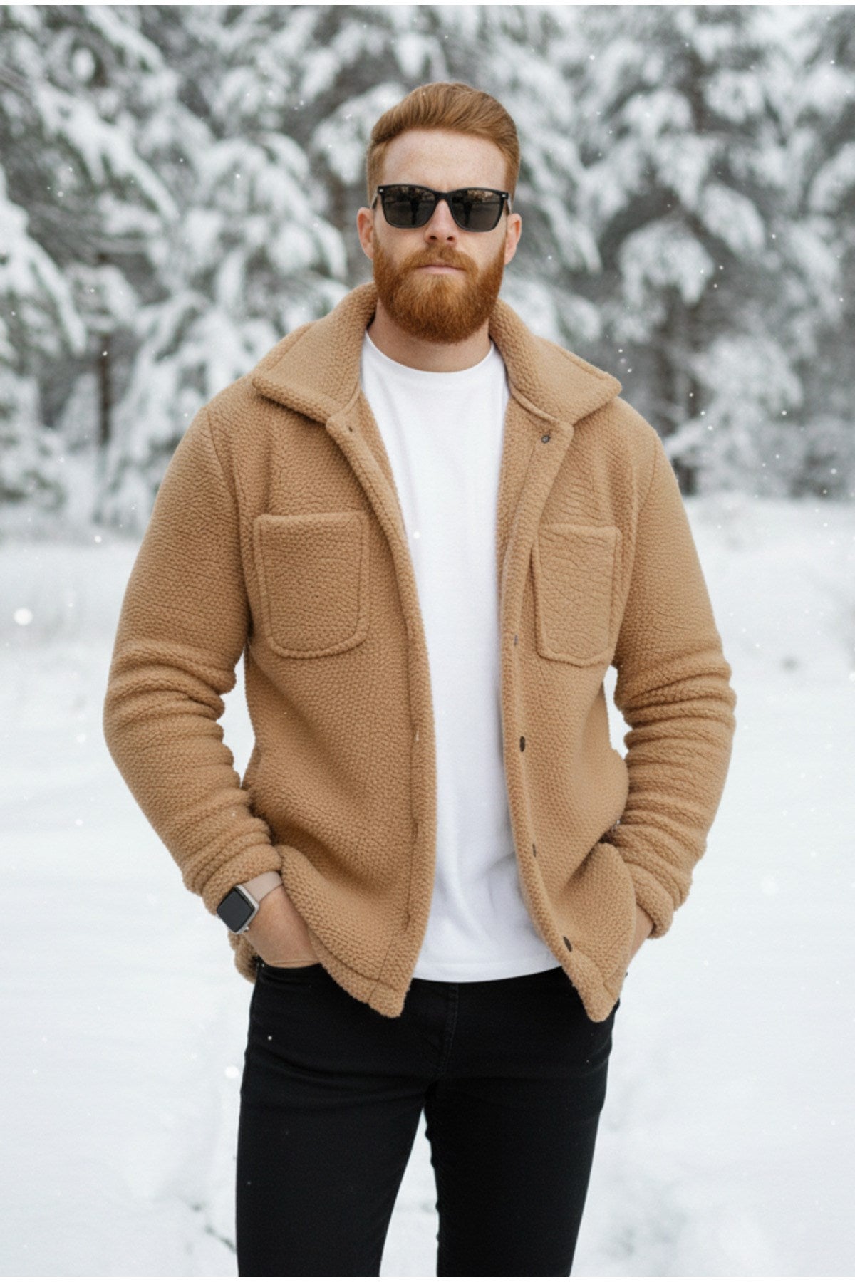 Erkek Camel Bej Sütlü Kahve Peluş Tüylü Gömlek Yaka Modeli Düğmeli Ceket Hırka Mont Sweatshirt Polar